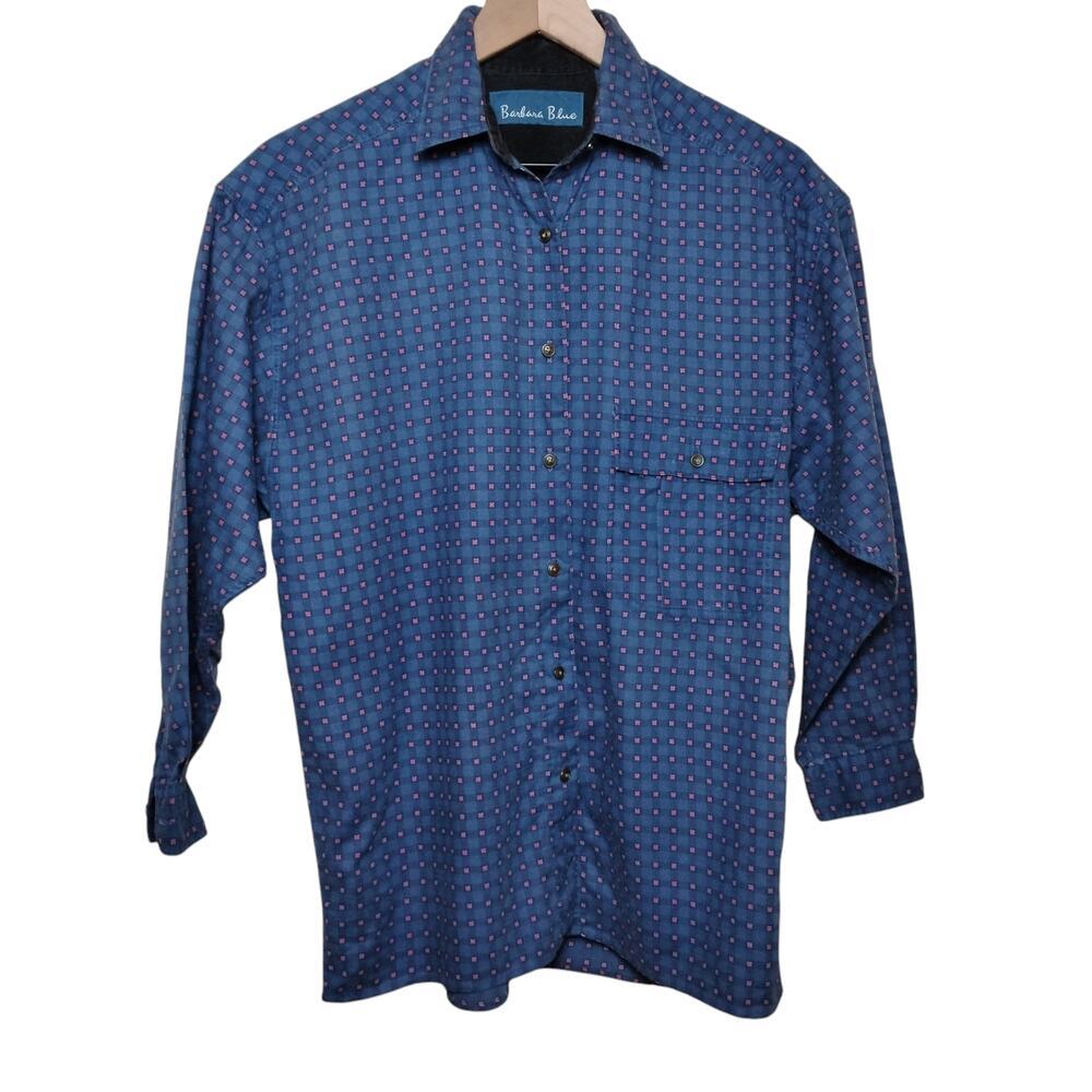 Vintage Barbara Blue Blue and Pink Plaid Patterned Button Down, Small